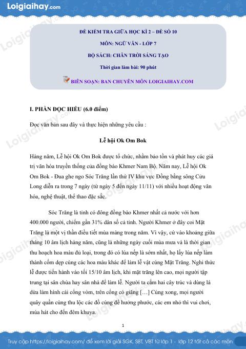 Đề thi giữa kì 2 Văn 7 Chân trời sáng tạo - Đề số 10